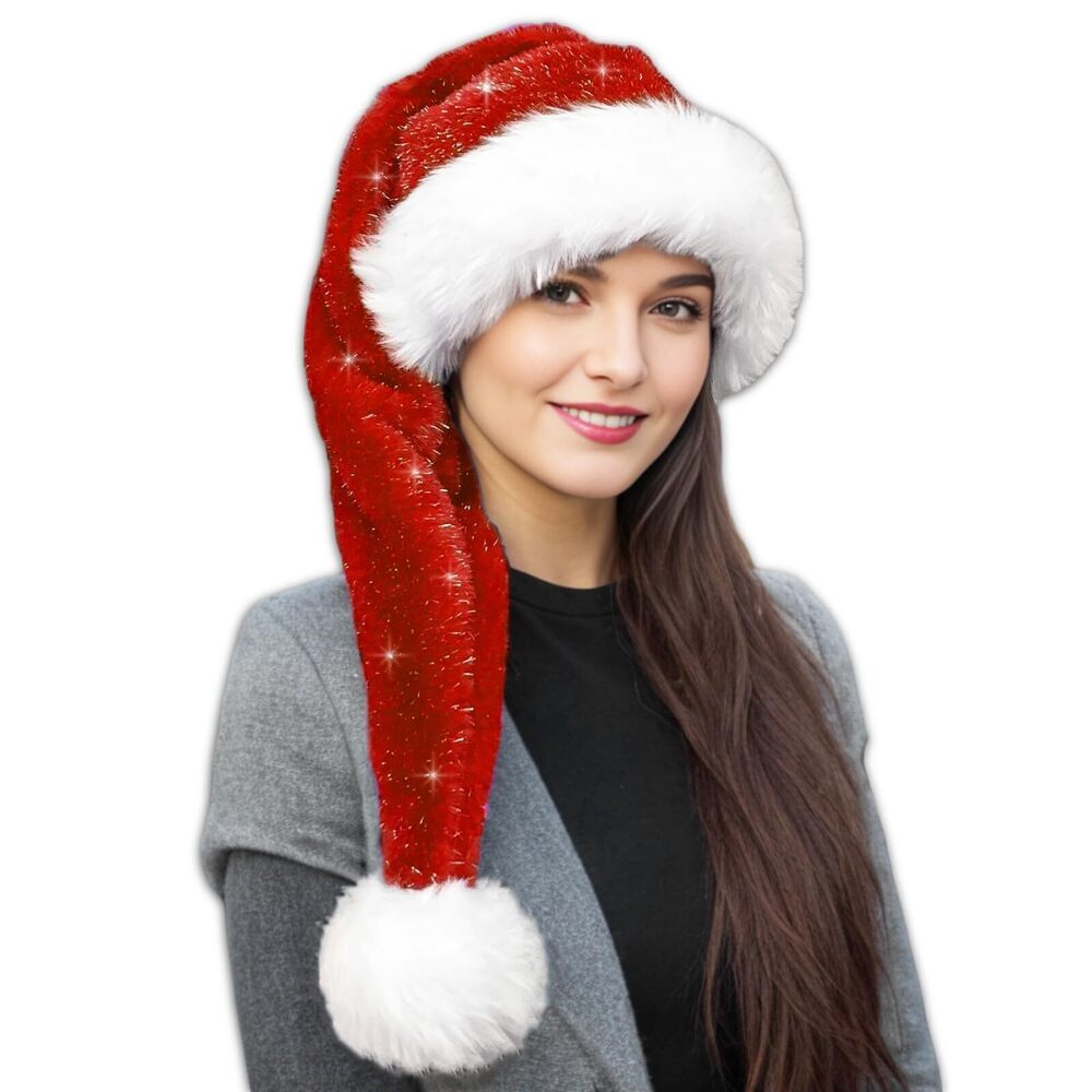 3541 Red Sequin Long Santa Hat for Adults, Christmas Hats or , Soft Velvet